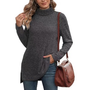 Womens Tunic Tops Turtleneck Long Sleeve Shirts Oversized Fall Sweaters Side Split High Low Hemline - 1 of 4