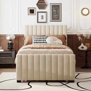 MAYEERTY Twin Size Velvet Upholstered Platform Bed, Twin Trundle, Bedroom, Gray - 1 of 4