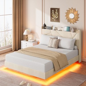 Floating Bed Frame, Suspended Bed with RGB LED Lights and Charging Station, Upholstered Bed Frame with Storage Headboard and Button Tufted - 1 of 4