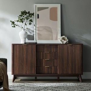 Fluted Dresser with 4 Drawers, 60" Modern Chest with Sliding Doors & Faux Marble Top, Wood Storage Organizer for Bedroom, Living Room - 1 of 4