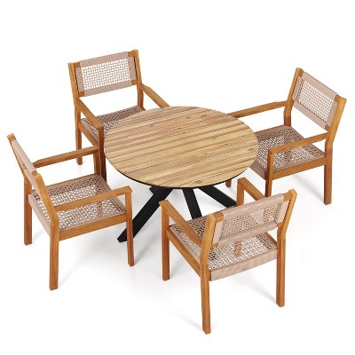 Christopher Knight Home Ned 5 Pieces Outdoor Acacia Wood and Metal Dining Set with Rope Weave Design