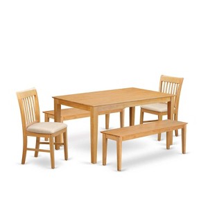 HomeStock 5-Piece Rectangle Natural Oak Finish Solid Wood Top Dining Table with 2 Benches, 2 Chairs - 1 of 4