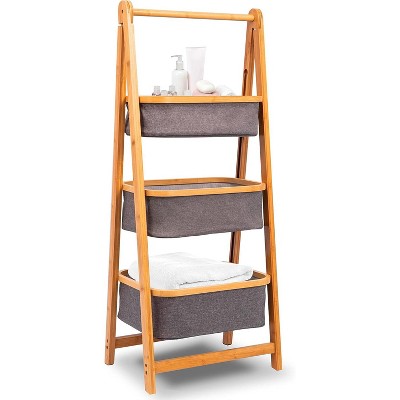 3-Tier Bamboo Shelf for Organizing with Storage Hamper, Foldable Laundry Baskets, Space-Saving Design
