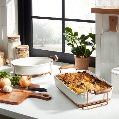 4.25qt Oven-to-Table Stoneware Baking Dish with Cradle Carrier Cream/Clay - Hearth &#38; Hand&#8482; with Magnolia