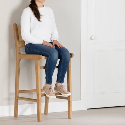 Natural Wood and Rattan Bohemian Bar Stools, Set of 2