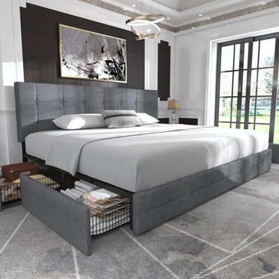 Allewie Upholstered King Size Platform Bed Frame with 4 Storage Drawers, Headboard, Square Tufted, Wooden Slats, No Box Spring, Dark Grey