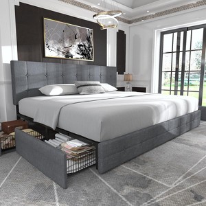 Allewie King Upholstered Bed Frame/4 Storage Drawers/Adjustable Headboard/Square Stitched Button Tufted/wooden Support/Easy Assembly/Light Grey - 1 of 4