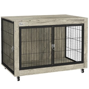 PawHut 39" Dog Crate Furniture, Dog Kennel Furniture End Side Table with Wheels, Interchangeable Side Door, for Large Dogs, Gray - 1 of 4