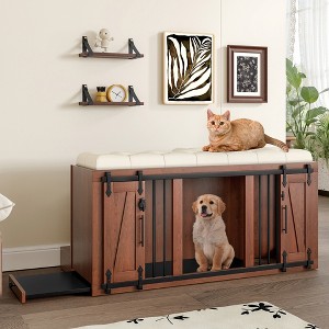 QingMoon 2-in-1 End of Bed Bench Ottoman with Dog Crate, Wooden Dog Kennel with Padded Seat, Pet Stairs and Sliding Barn Door for Living Room - 1 of 4