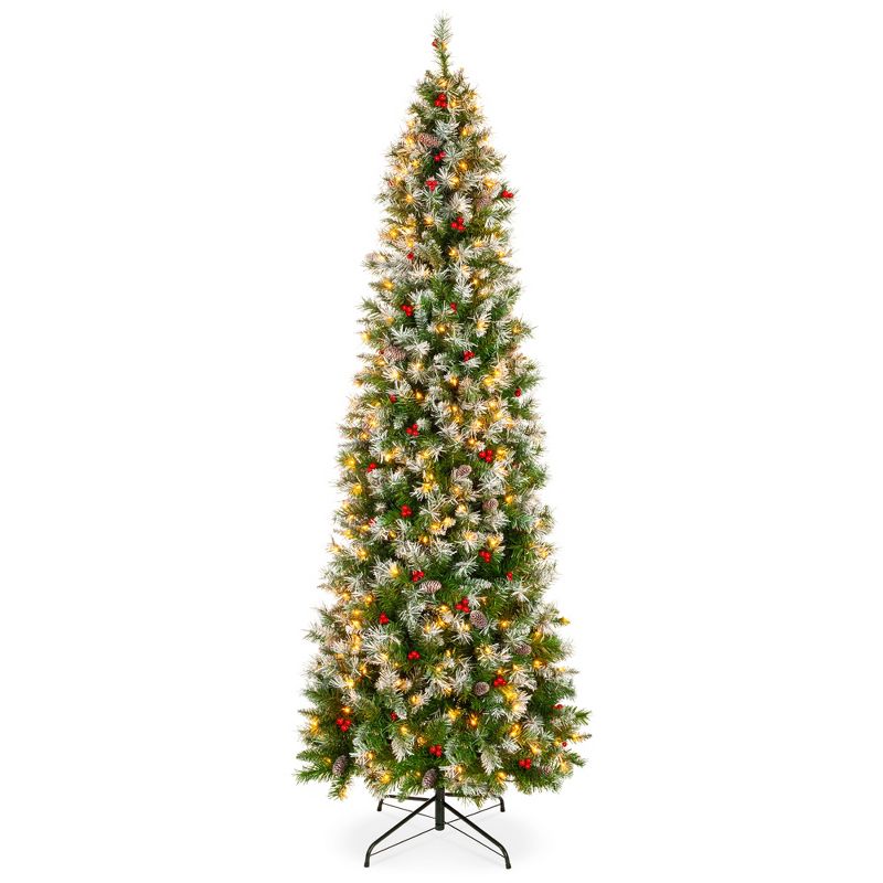 Best Choice Products Pre-Lit Pencil Christmas Tree, Pre-Decorated, Frosted w/ Flocked Tips, Lights, Base, 1 of 10
