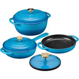 Best Choice Products 6-Piece Enameled Cast Iron Cookware Set, 6QT Dutch Oven W/ Lid, 2QT Skillet W/ Lid, Grill Pan, Grill Press - Blue - 1 of 4