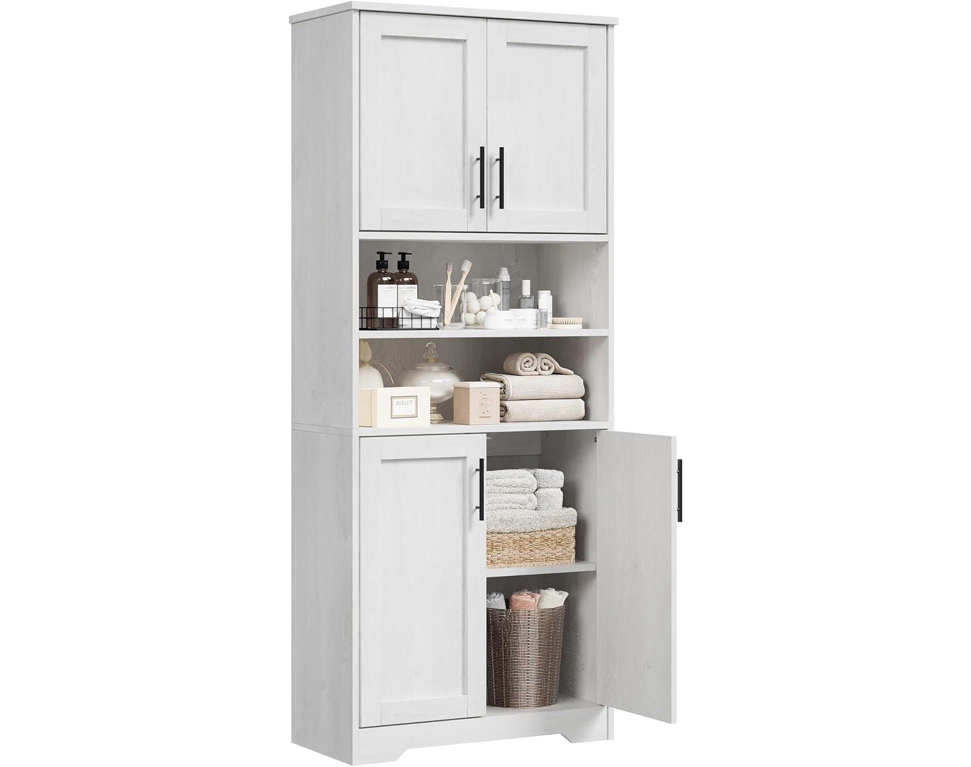 Acekool 67 Inch Tall Storage Cabinet with Adjustable Shelves, Modern Bathroom Linen Tower with Doors and Open Shelves, White