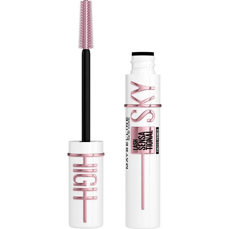 White colored mascara tube with pink text reading "SKY HIGH" and a black wand applicator.