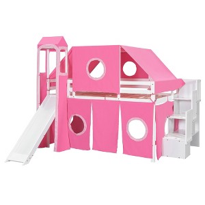 Okak Full Solid Wood Bunk Bed with Tower, Tent, Ladder and Slide, Castle Loft Bed for Toddler Kids Teens Easy Assemble No Box Soring Needed, Pink - 1 of 4