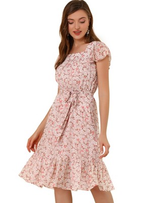 Allegra K Women's Floral Chiffon Flutter Sleeve Belted Square Neck Ruffled Hem Dress