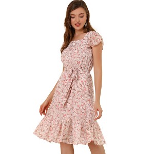Allegra K Women's Floral Chiffon Flutter Sleeve Belted Square Neck Ruffled Hem Dress - 1 of 4
