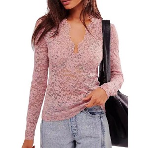 Women's Top V Neck Lace Long Sleeve Sheer Blouse Elegant Hollow Out Top - 1 of 3
