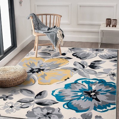 Cream and Gray Floral Synthetic 8' x 10' Area Rug