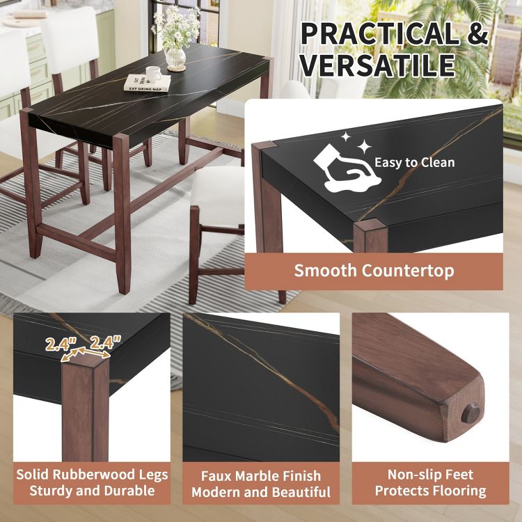 5-Piece Counter Height Dining Table Set with Faux Marble Top and 4 Upholstered Chairs, Solid Wood Frame, Space-Saving Kitchen Furniture, 6 of 8