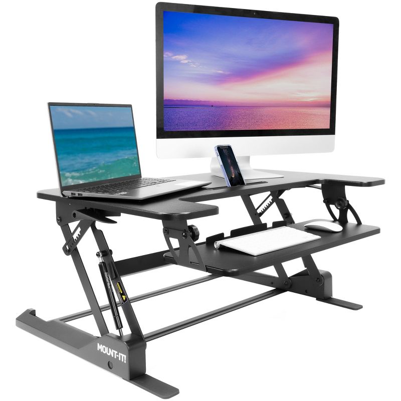 Mount-It! Standing Desk Converter, Height Adjustable Stand Up Desk with Gas Spring Riser, Wide 36 Inch Sit Stand Workstation Fits Dual Monitors, Black, 2 of 10