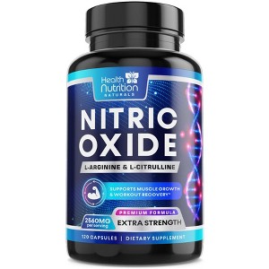 Extra Strength Nitric Oxide Supplement 3X Strength L Arginine, Citrulline Malate, AAKG, Beta Alanine - 120 Capsules By Health Nutrition Naturals - 1 of 4