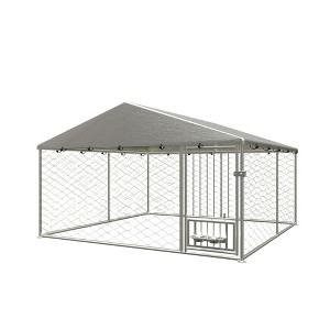 SEVOBAL Pet Doors, Gates and Pens Large Dog Kennel with Swivel Feeder and Waterproof Cover for Outdoor Use, Silver, 10"*10"*5" - 1 of 4