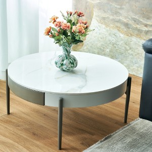 Round Wood & Sintered Stone Coffee Table with Drawers and Metal Legs for Living Room and Apartment - 1 of 4