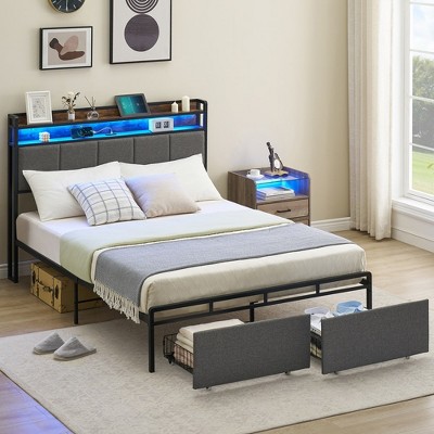 WhizMax Queen Bed Frame with 2-Tier Storage Headboard, Upholstered Platform Bed Frame with 2 Storage Drawers, Built in Charging Station & LED, Brown