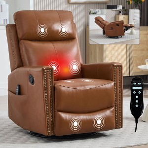 Red Genuine Leather Heat Massage Manual Recliner Chair with Rocker and Swivel for Living Room - 1 of 4