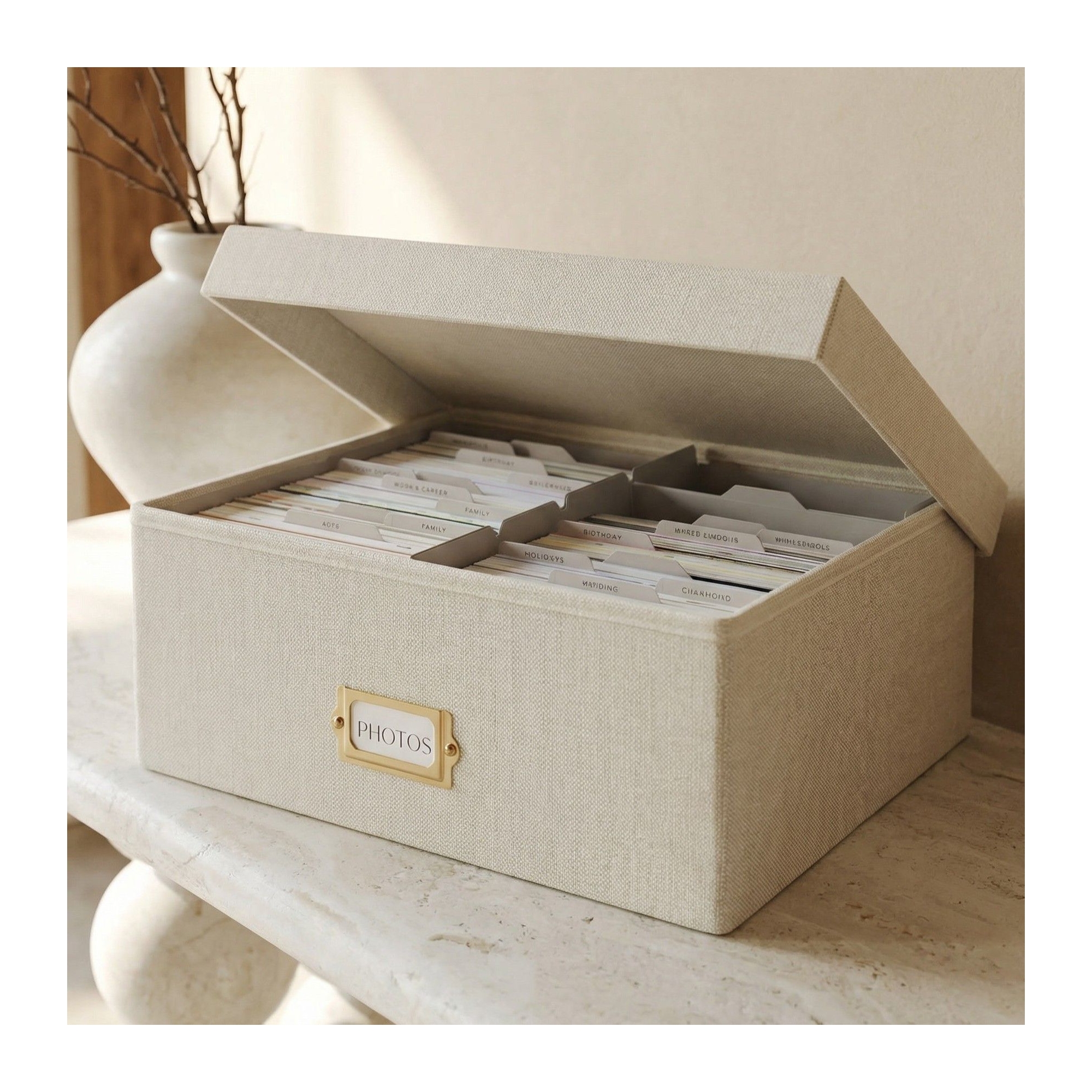 ZICOTO Decorative Photo Storage Box – Linen Organizer with Lid & Dividers for 1700 4x6 Photos