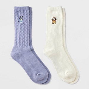 Women's Bluey Super Soft Embroidered 2pk Crew Socks - Purple/Ivory 4-10 - 1 of 3