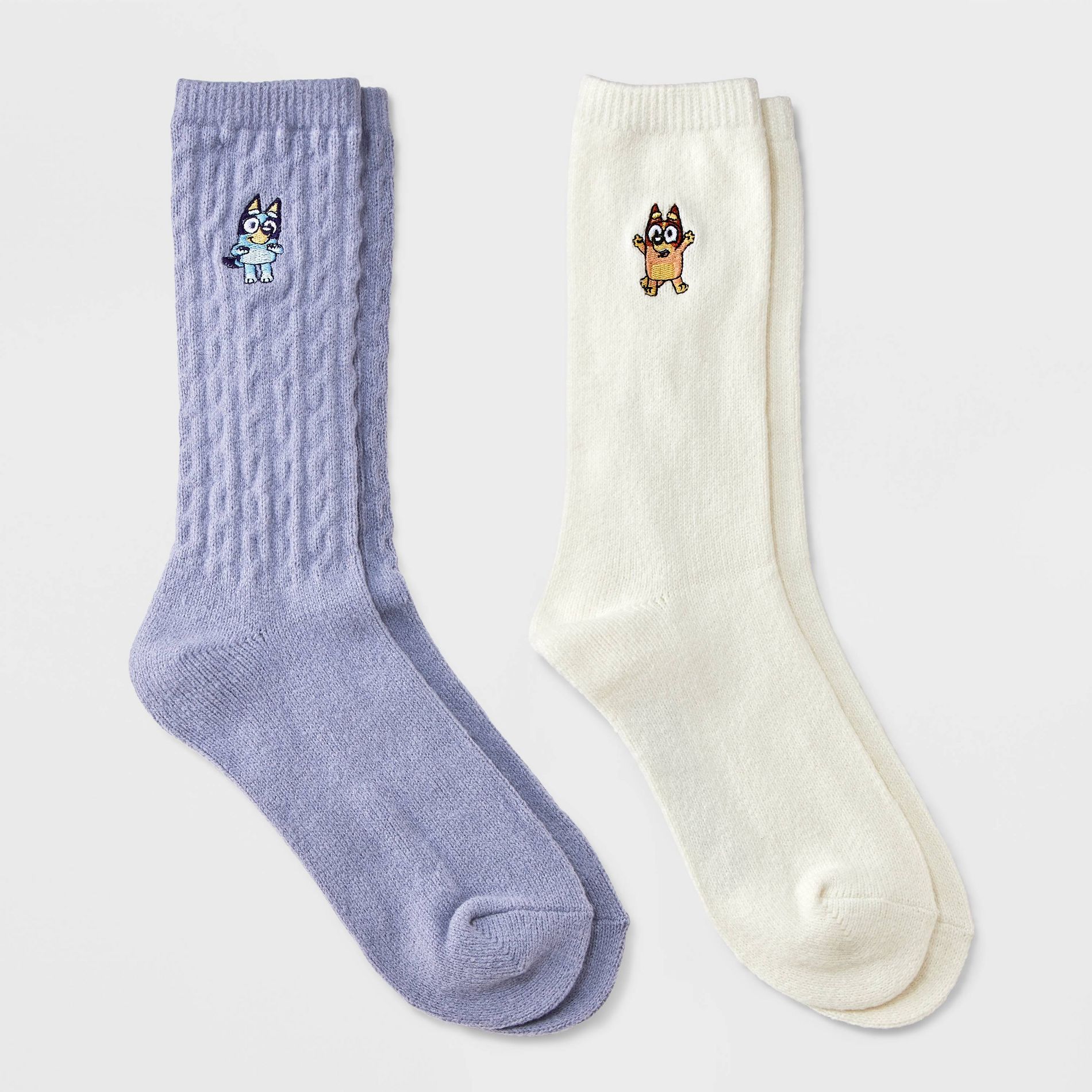 Women's Bluey Super Soft Embroidered 2pk Crew Socks - Purple/Ivory 4-10