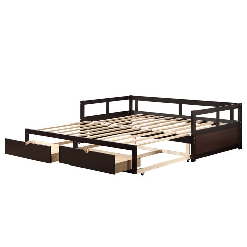 Wooden Extendable Daybed With Trundle Bed And Two Storage Drawers ...