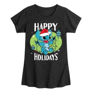Girls' - Lilo and Stitch - Happy Holidays Christmas Fitted Short Sleeve Graphic T-Shirt - 1 of 4