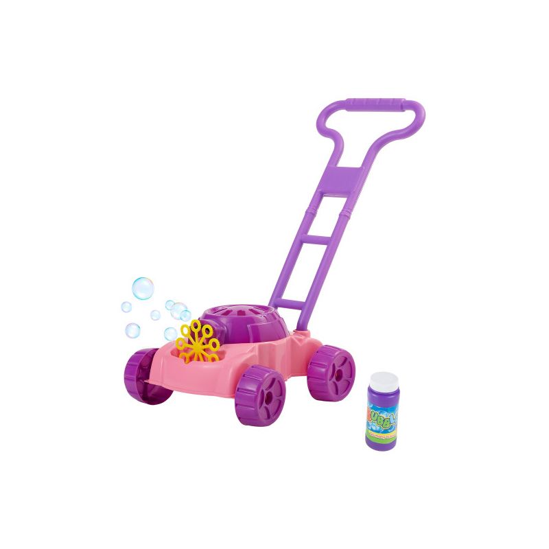 Toy Time Kids' Lawn Mower Bubble Blower Machine Push Toy - Pink/Purple/Orange, 1 of 13