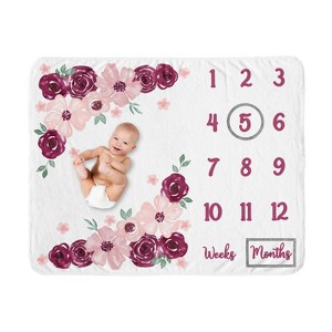 Sweet Jojo Designs Girl Baby Milestone Blanket Watercolor Floral Red Pink and Grey - 1 of 4