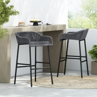 Outdoor Rope Bar Stools Set of 2,Open Weave Patio Chairs with Metal Frame,UV Resistant Bar Height Seating for Garden or Poolside-Coolbibila
