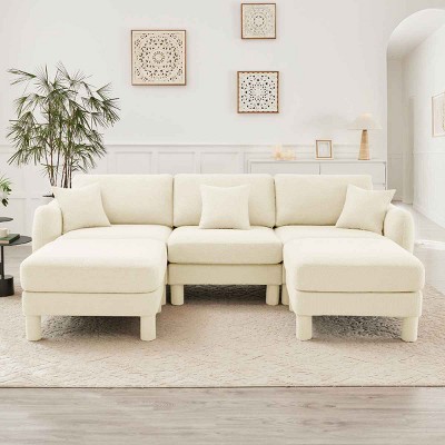 U-Shape Sectional Sofa with Ottomans, Boucle 3-Seater Sofa with Armrests and Cylindrical Legs, Fabric Couch with Cushion-Coolbibila
