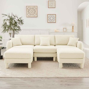 U-Shape Sectional Sofa with Ottomans, Boucle 3-Seater Sofa with Armrests and Cylindrical Legs, Fabric Couch with Cushion-Coolbibila - 1 of 4