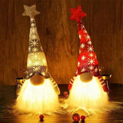 2 Set Lighted Christmas Gnome, Handmade Plush Scandinavian Swedish Tomte,Light Up Elf Toy Holiday Present, Battery Operated Winter Tabletop Christmas