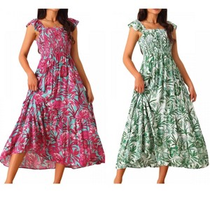 INSPIRE CHIC Women's Summer Boho Smocked Square Neck Cap Sleeve Ruffle Floral Flowy Tiered Maxi Sundress 2 Packs - 1 of 4