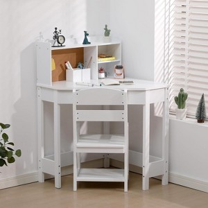 Acekool Kids Desk and Chair Set, Wooden Corner Study Table with Bookshelf, Bulletin Board, and Pen Holder, White - 1 of 4
