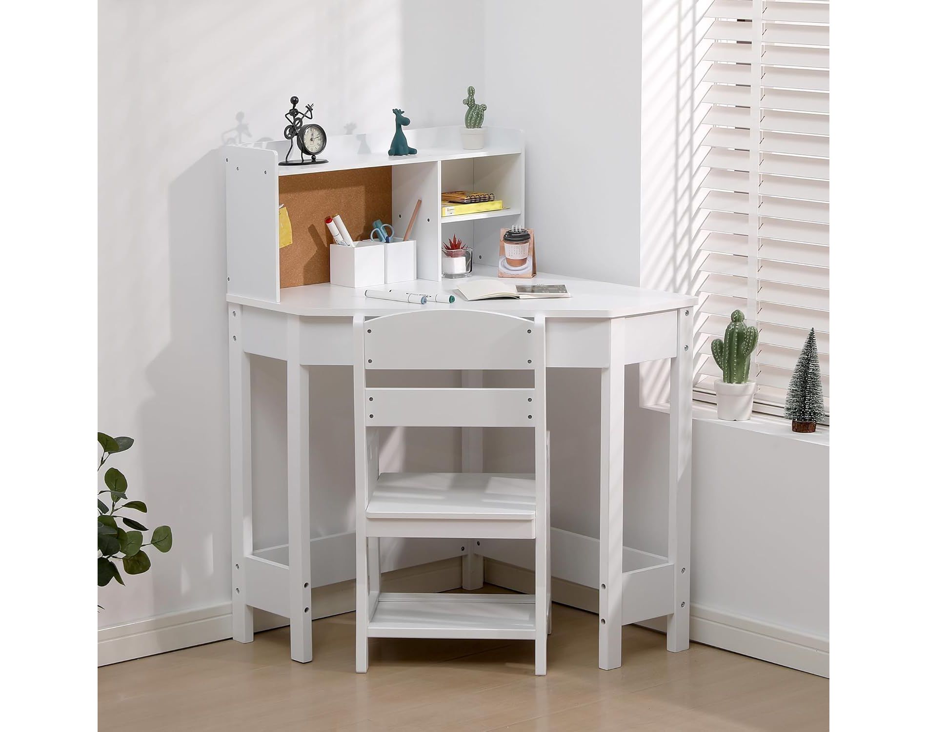 Acekool Kids Desk and Chair Set, Wooden Corner Study Table with Bookshelf, Bulletin Board, and Pen Holder, White