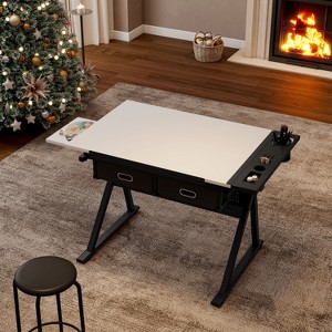 TUYOHW Adjustable Drawing Drafting Desk with 2 Drawers and Stool ...