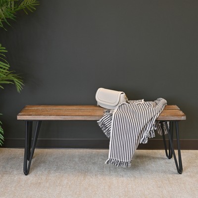 Vynxaria Aryven Industrial Wood Dining Bench, Rustic Dark Pine Finish