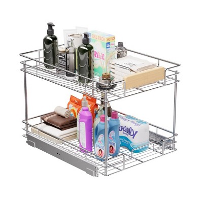 2-Tier Pull-Out Organizer under Cabinet Storage for Kitchen with Wooden Handle