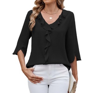 Womens Dressy Casual Blouses 3/4 Sleeve V Neck Ruffle Tops Business Ladies Summer Shirt - 1 of 4