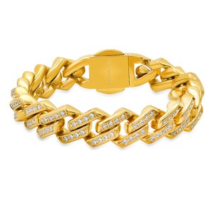 Steeltime Men's stainless steel and simulated diamonds ice out miami thick cuban link bracelet. Color Options: Silver, Gold - 1 of 4