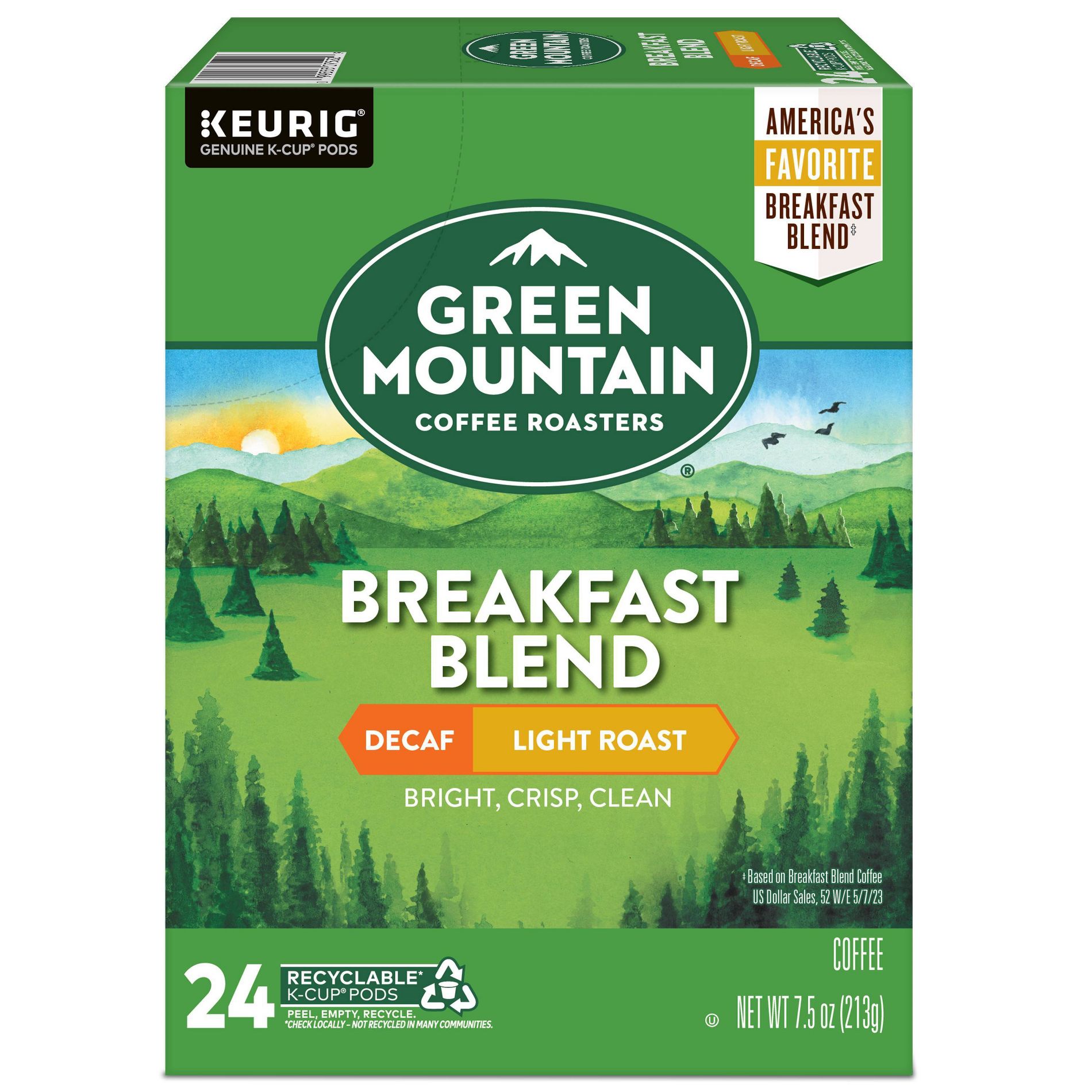 24ct Green Mountain Coffee Breakfast Blend Decaf Keurig K-Cup Coffee Pods Decaffeinated Light Roast