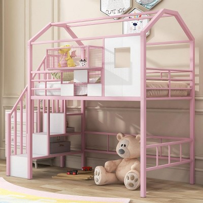 Streamdale Metal Loft Bed with roof design and a storage box, Twin, Pink